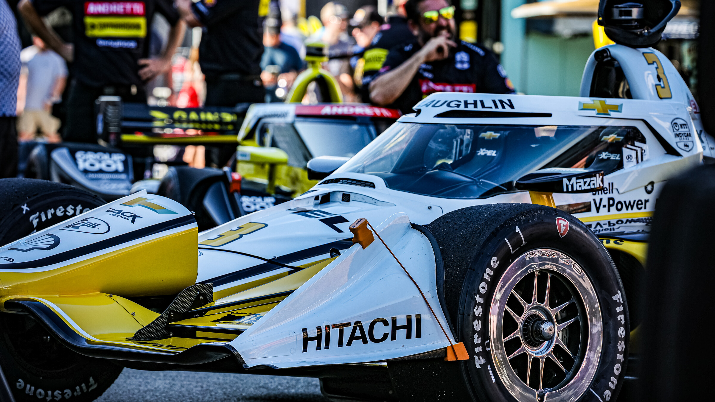 Hitachi-liveried Team Penske No. 3 INDYCAR in the Road America paddock in June 2025